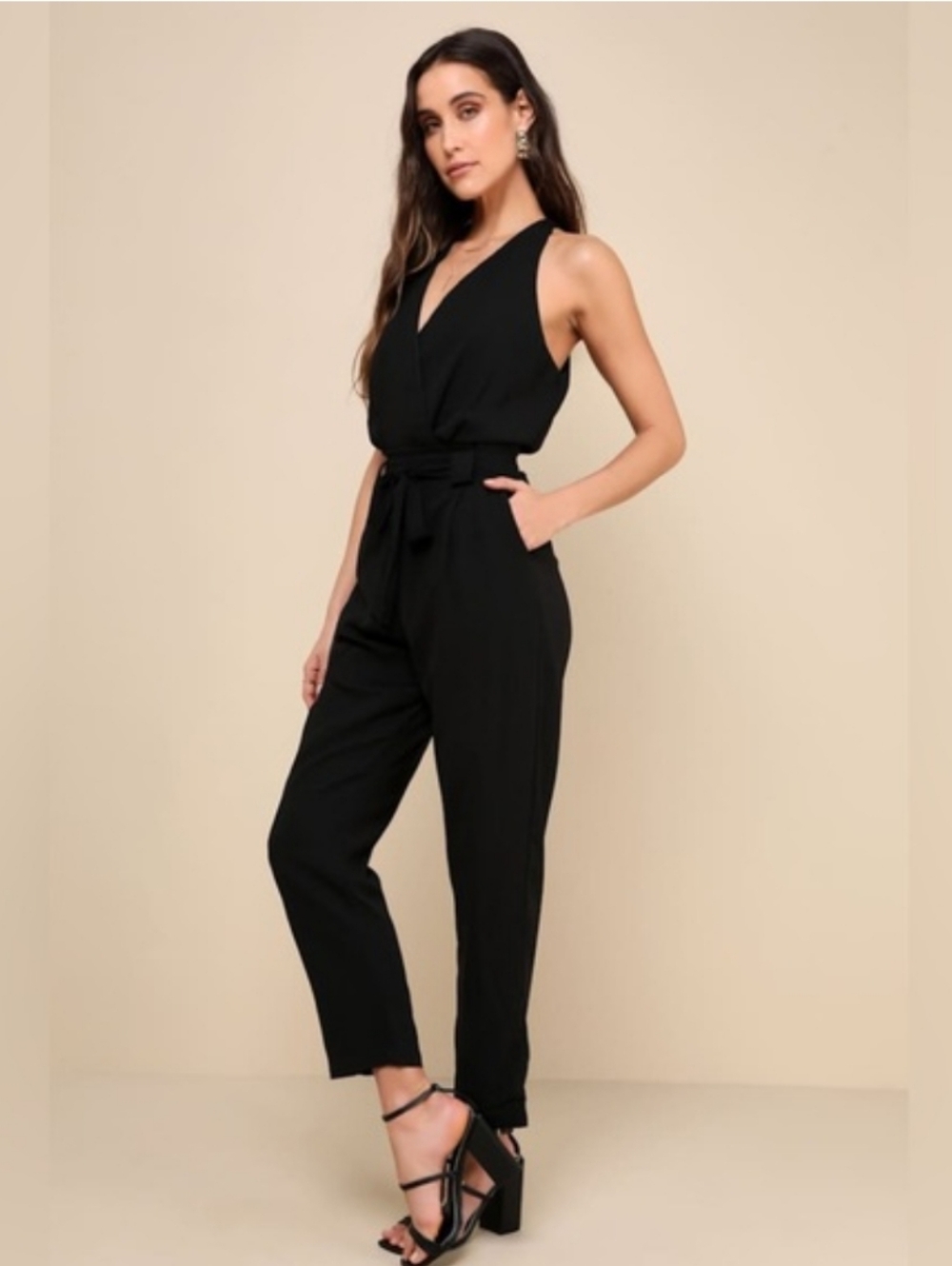 Lulu's In The City Black Surplice Jumpsuit
